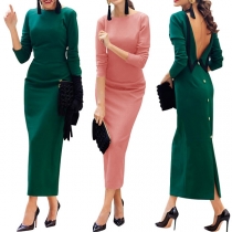 Sexy Backless Back-slit Hem Long Sleeve Solid Color Party Dress