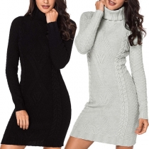 Fashion Solid Color Long Sleeve Turtleneck Slim Fit Sweater Dress
