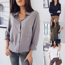 Fashion Solid Color Long Sleeve POLO Collar Front-pocket Shirt