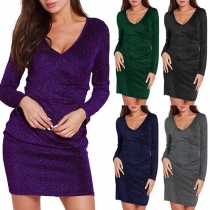 Sexy V-neck Long Sleeve Solid Color Slim Fit Dress
