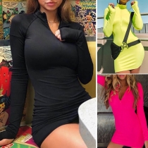 Fashion Solid Color Long Sleeve Zipper Stand Collar Tight Dress
