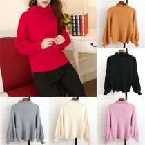 Fashion Solid Color Lantern Sleeve Mock Neck Sweater 