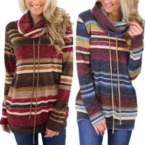 Fashion Long Sleeve Drawstring Cowl Neck Striped Sweatshirt 
