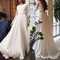 Fashion Lace Spliced Long Sleeve Round Neck High Waist Party Dress