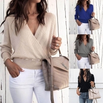 Sexy Deep V-neck Long Sleeve Solid Color Knit Top