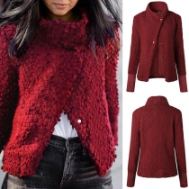 Fashion Solid Color Long Sleeve Stand Collar Plush Coat 