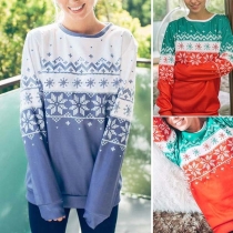 Fashion Long Sleeve Round Neck Snokflake Printed Sweatshirt 