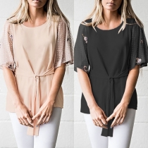 Fashion Embroidered Trumpet Sleeve Round Neck Top with Waist Strap