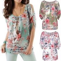 Sexy Off-shoulder Short Sleeve Round Neck Printed T-shirt