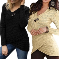 Fashion Solid Color Long Sleeve V-neck Crossover Hem Sweater