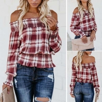 Sexy Off-shoulder Boat Neck Long Sleeve Plaid Top
