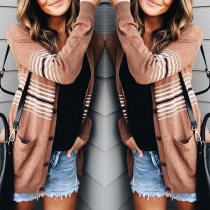 Fashion Long Sleeve V-neck Striped Spliced Knit Cardigan