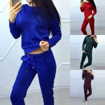 Fashion Solid Color Long Sleeve Sweatshirt + Pants Sports Suit
