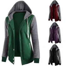 Fashion Contrast Color Long Sleeve Hooded Sweatshirt Coat 