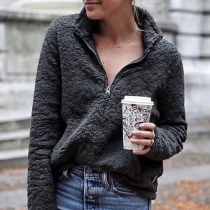 Fashion Solid Color Long Sleeve Zipper Stand Collar Faux Cashmere Sweatshirt 