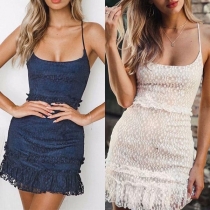 Sexy Backless Ruffle Hem Slim Fit Sling Lace Dress