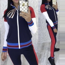 Fashion Contrast Color Bowknot Printed Sweatshirt + Pants Sports Suit 