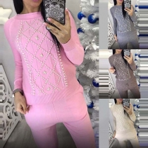Fashion Beaded Long Sleeve Sweater + Knit Pants Two-piece Set 
