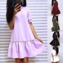 Fashion Solid Color Short Sleeve Round Neck Ruffle Hem Dress