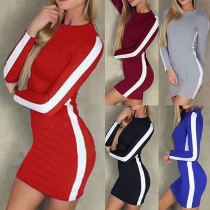 Fashion Contrast Color Long Sleeve Round Neck Tight Dress