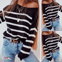 Fashion Round Neck Ribbed Trim Long Sleeve Stripe Sweatshirt