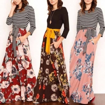 Fashion Round Neck Self-tie Floral Print Skirt Long Sleeve Dress