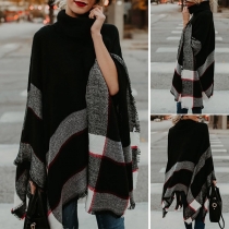 Fashion Plaid Spliced Irregular Hem Turtleneck Knit Cloak Top 