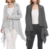 Fashion Solid Color Long Sleeve Irregular Tassel Hem Knit Cardigan