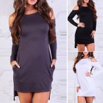 Sexy Off-shoulder Long Sleeve Round Neck High-low Hem Dress