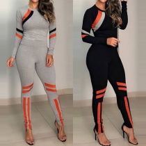 Fashion Contrast Color Long Sleeve Top + Leggings Sports Suit 
