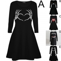 Fashion Long Sleeve Round Neck High Waist Printed Dress