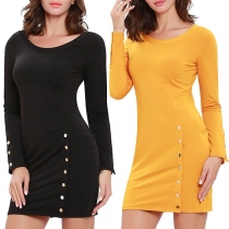 Fashion Long Sleeve Round Neck Side-slit Hem Slim Fit Knit Dress