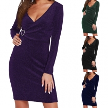 Sexy V-neck Long Sleeve Solid Color Slim Fit Dress