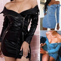 Sexy Off-shoulder Boat Neck Long Sleeve Oblique Zipper Slim Fit Dress