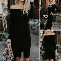 Sexy Off-shoulder Boat Neck Long Sleeve Single-breasted Slim Fit Dress