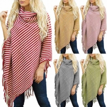 Fashion Turtleneck Irregular Tassel Hem Striped Cloak Top 