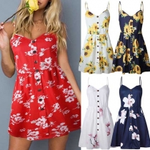 Sexy Backless V-neck Front-buttons Printed Sling Dress