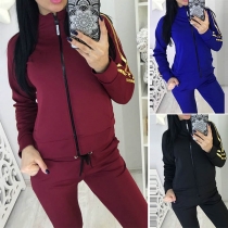 Fashion Striped Spliced Long Sleeve Stand Collar Sweatshirt Coat + Sports Pants Two-piece Set 