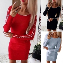 Fashion Beaded Long Sleeve Round Neck Slim Fit Dress
