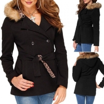 Fashion Lapel Collar Double-breasted Solid Color Long Sleeve with Waistband Coat
