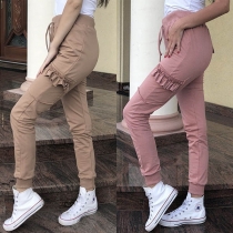 Sweet Solid Color Elastic Waist Selvedge Slim Fit Pants