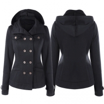 Fashion Solid Color Double-breasted Long Sleeve Side Pockets Hooded Sweatshirt