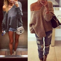 Fashion Solid Color Oblique Shoulder Long Sleeve Sweater