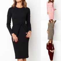 Elegant Solid Color Long Sleeve Round Neck Slim Fit Dress