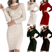 Sexy Choker V-neck Long Sleeve Slim Fit Rivets Knit Dress