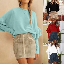 Fashion Solid Color Dolman Sleeve Round Neck Ruffle Knit Top 