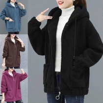 Fashion Solid Color Long Sleeve Zipper Side Pockets Hooded Coat