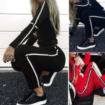 Fashion Striped Spliced Long Sleeve Round Neck Sweatshirt + Pants Sports Suit 