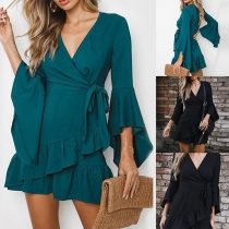 Fashion Deep V-neck Long Trumpet Sleeve Lotus Spliced Lace-up Dress
