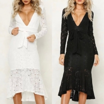 Sexy Deep V-neck Fishtail Hem Long Sleeve Lace Spliced Party Dress